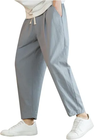 Mens Linen Cotton Pants Casual Drawstring Elastic Waist Beach Loose Fit Trousers Drawstring Loose Open Bottom Yoga Trousers