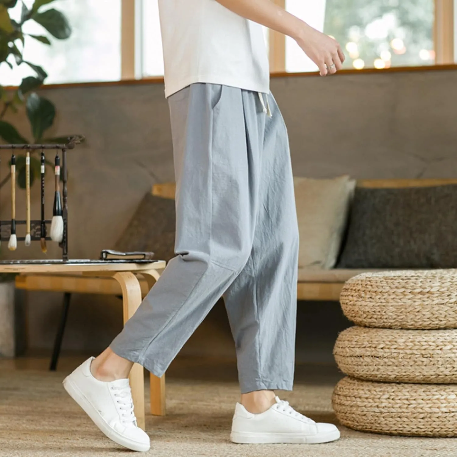 Mens Linen Cotton Pants Casual Drawstring Elastic Waist Beach Loose Fit Trousers Drawstring Loose Open Bottom Yoga Trousers