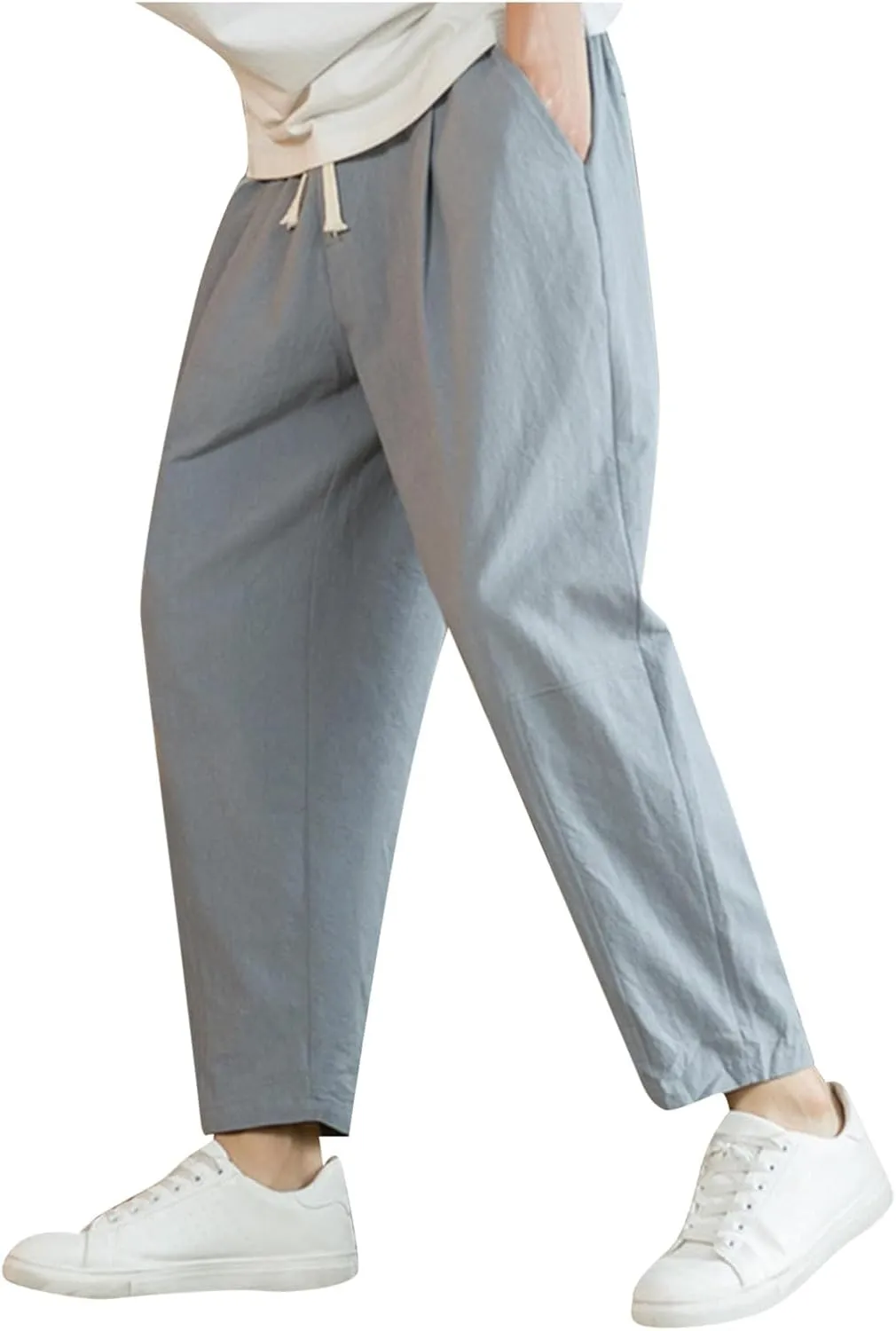 Mens Linen Cotton Pants Casual Drawstring Elastic Waist Beach Loose Fit Trousers Drawstring Loose Open Bottom Yoga Trousers