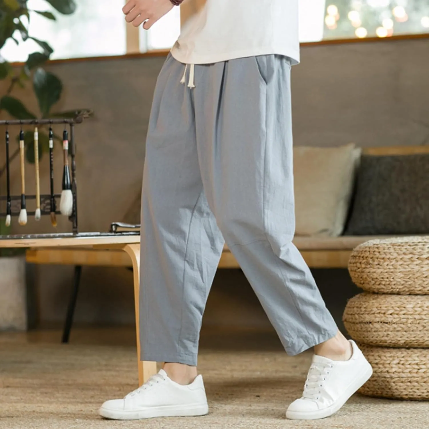 Mens Linen Cotton Pants Casual Drawstring Elastic Waist Beach Loose Fit Trousers Drawstring Loose Open Bottom Yoga Trousers