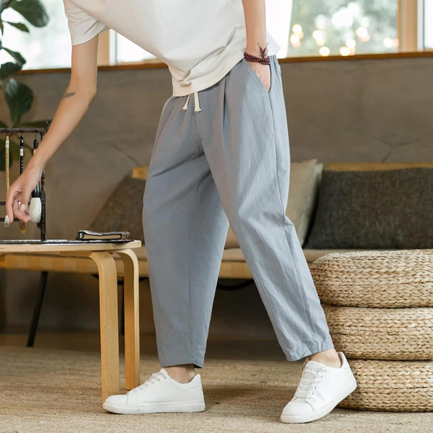 Mens Linen Cotton Pants Casual Drawstring Elastic Waist Beach Loose Fit Trousers Drawstring Loose Open Bottom Yoga Trousers