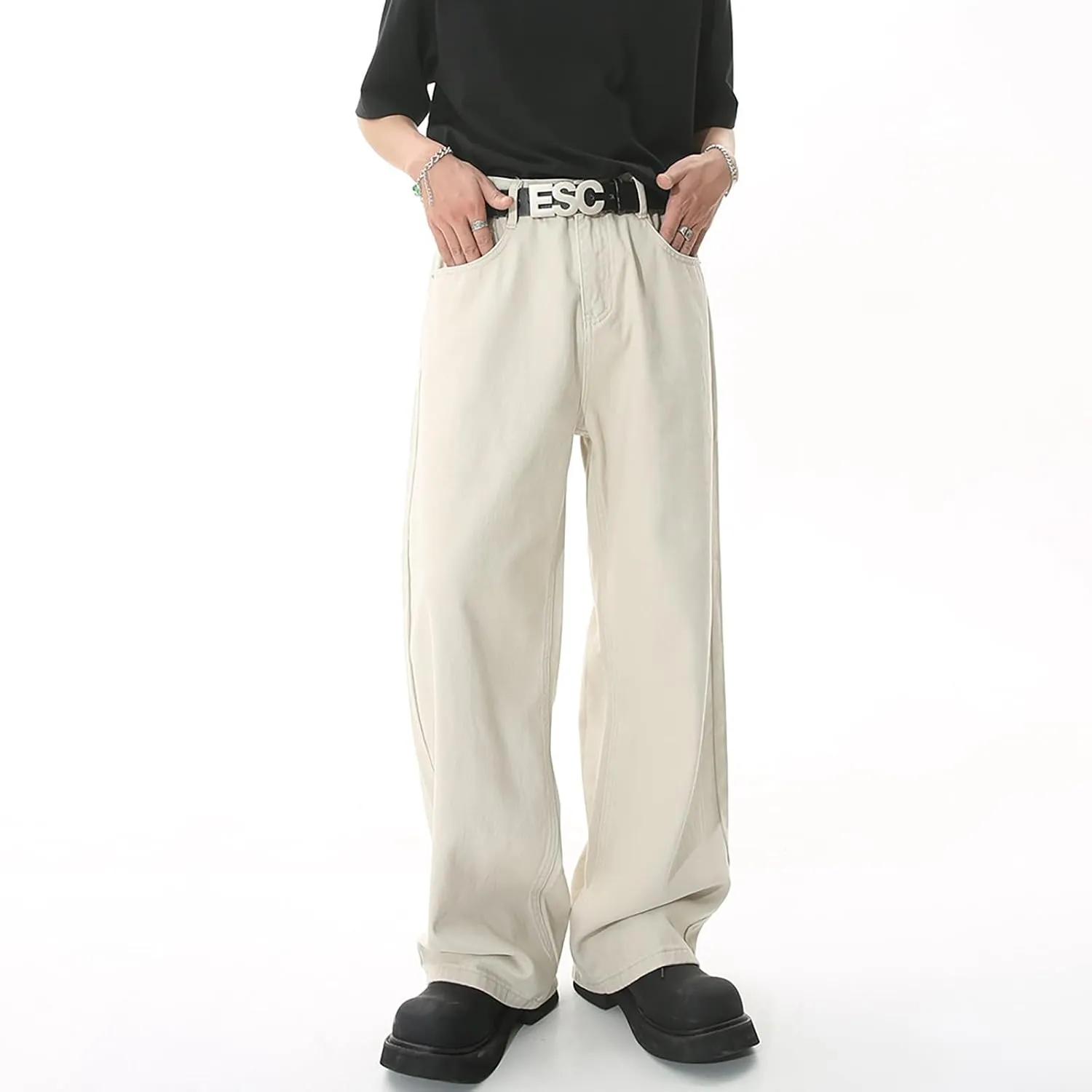 Mens Loose Jeans Elastic Waist Wide Leg Baggy Jean Cargo Pants Trousers Relaxed Straight Fit Lightweight Jeans Pants Trousers
