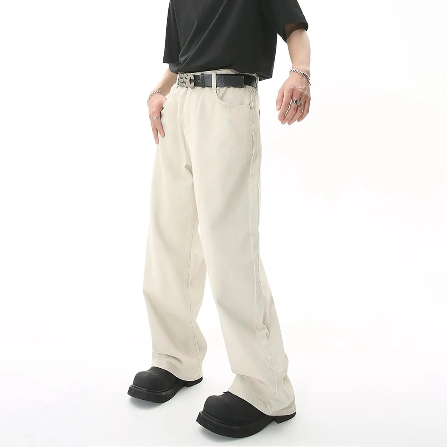 Mens Loose Jeans Elastic Waist Wide Leg Baggy Jean Cargo Pants Trousers Relaxed Straight Fit Lightweight Jeans Pants Trousers