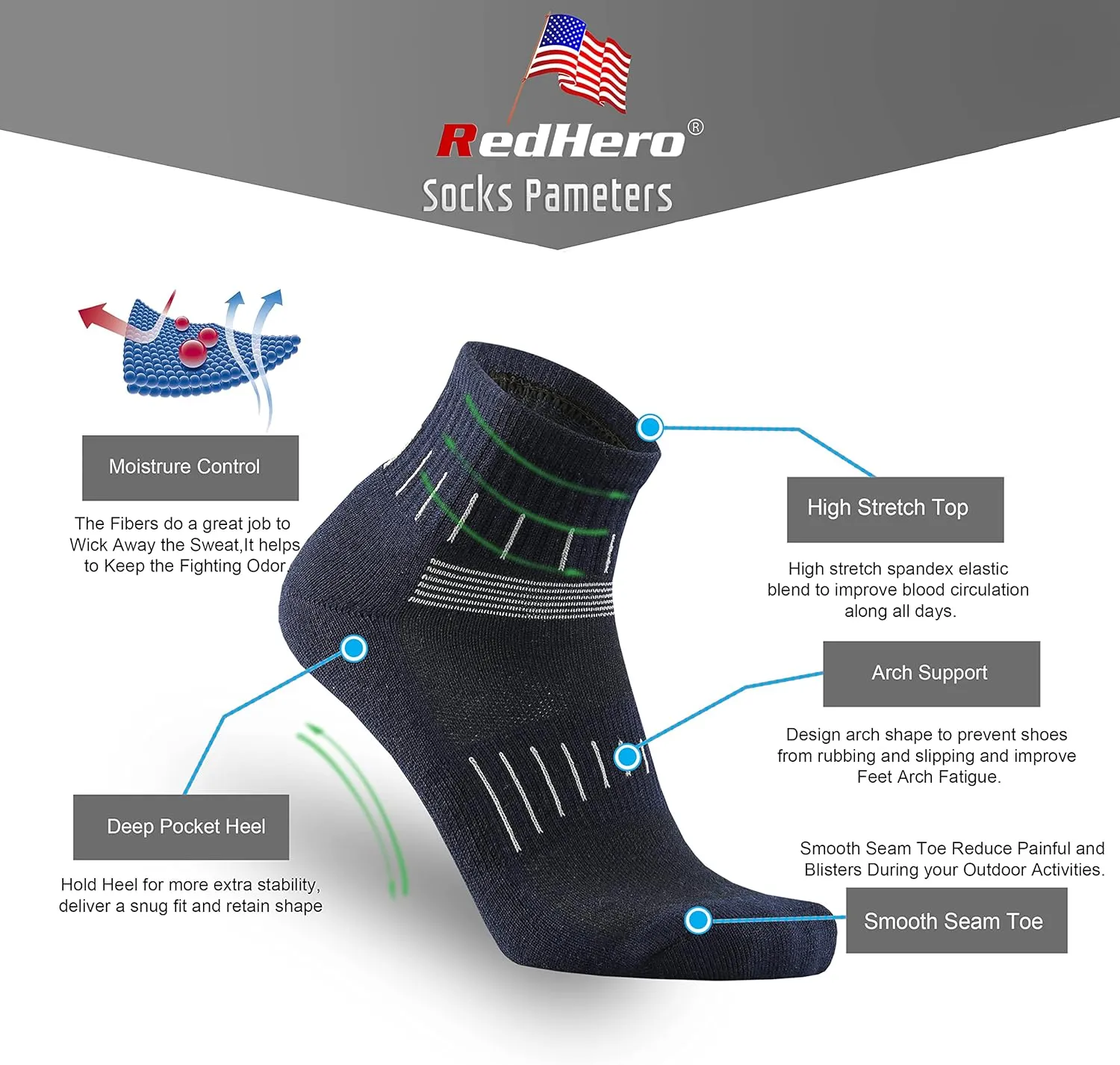 Men's Merino Wool Cushion Low Cut Quarter Socks Outdoor Hiking Hike Light Trail Running Performance Moisture Control