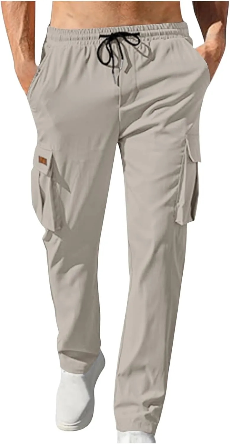 Mens Pants Slim Fit Casual Drawstring Quick Dry Elastic Waist Pants for Men Sports Travel Workout Classic Trousers