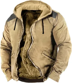 Mens Puffer Jacket Packable Jackets Double Pocket Western Cowboy 3D Printed Hooded Brown Warm Cotton Jacket Men's