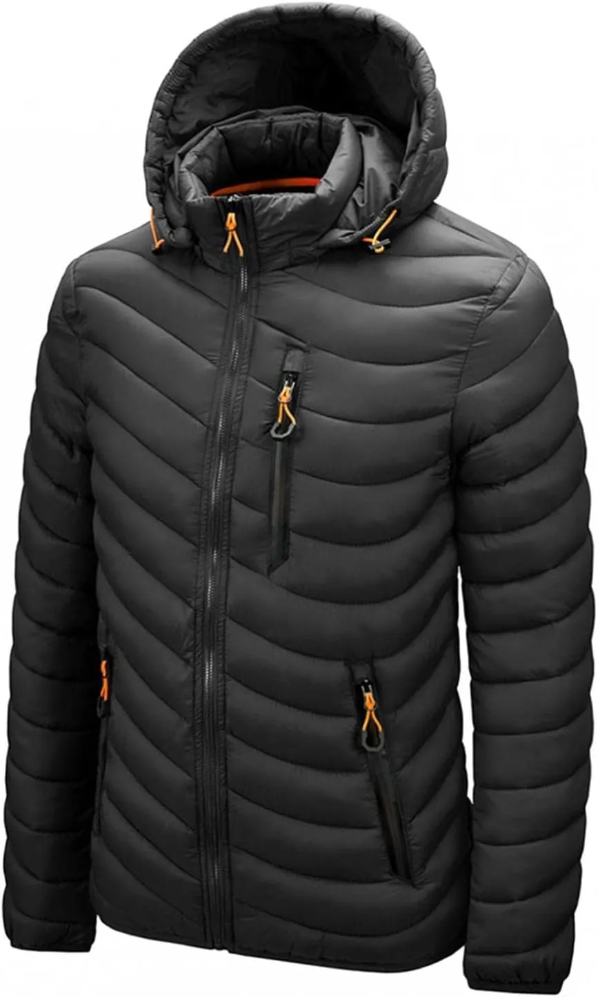 Mens Puffer Jacket Zip Up Bubble Insulated Jacket with Detachable Hood, Packable Lightweight Puffy Jacket