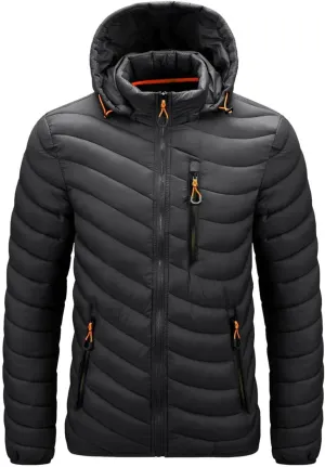 Mens Puffer Jacket Zip Up Bubble Insulated Jacket with Detachable Hood, Packable Lightweight Puffy Jacket