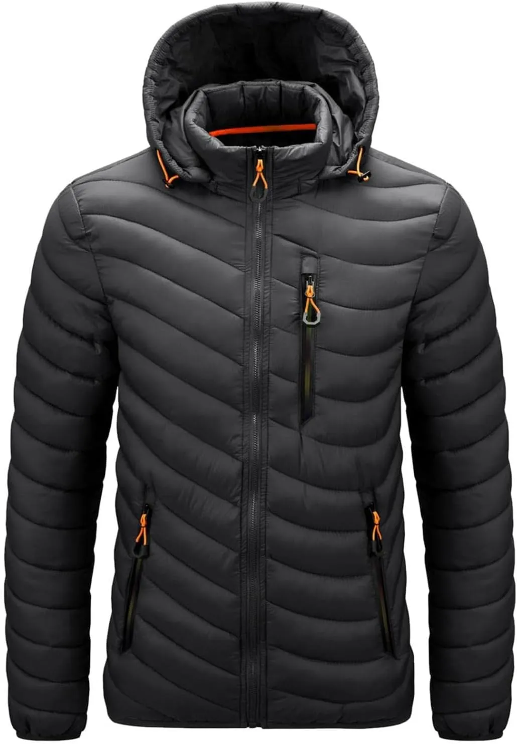 Mens Puffer Jacket Zip Up Bubble Insulated Jacket with Detachable Hood, Packable Lightweight Puffy Jacket