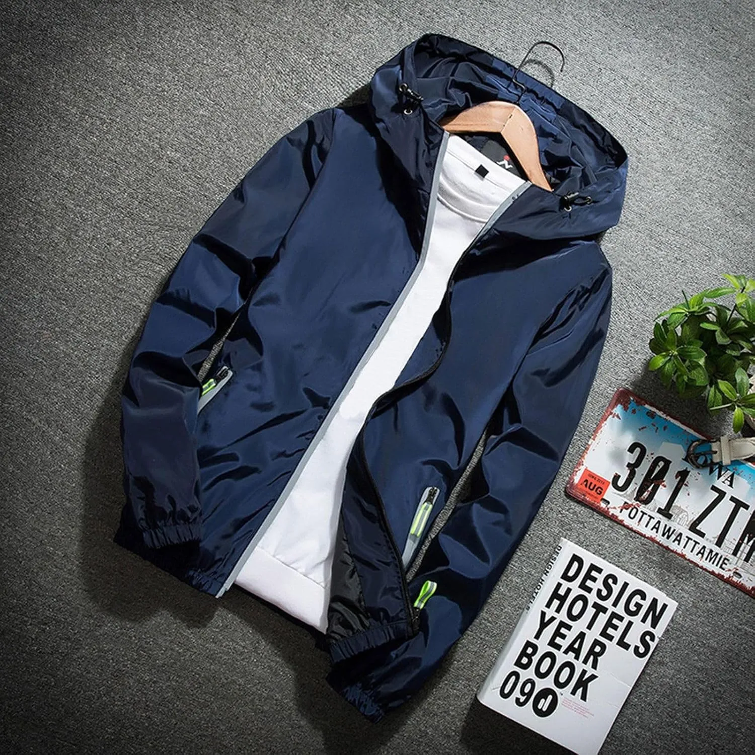 Mens Rain Jacket Waterproof Jackets Casual Zip Up Lightweight Hooded Raincoat with Hood for Daily Casual