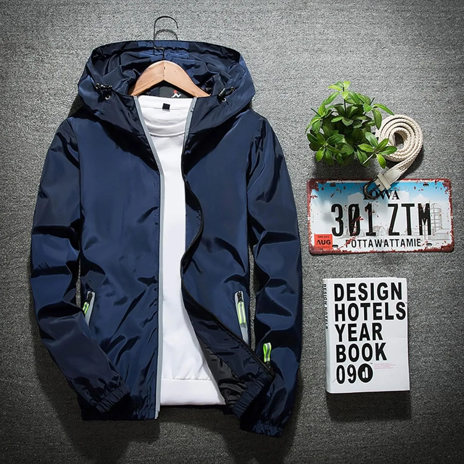 Mens Rain Jacket Waterproof Jackets Casual Zip Up Lightweight Hooded Raincoat with Hood for Daily Casual