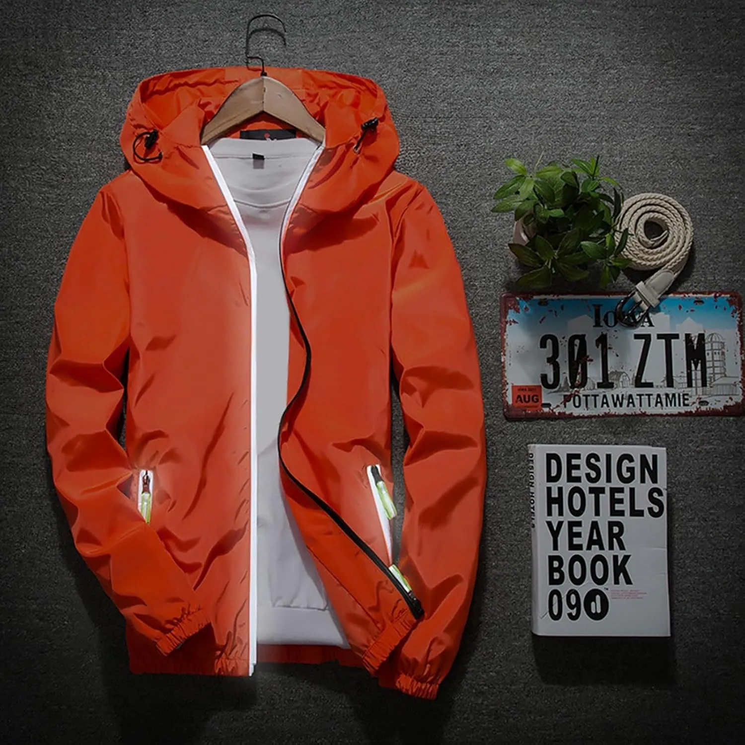 Mens Rain Jacket Waterproof Jackets Casual Zip Up Lightweight Hooded Raincoat with Hood for Daily Casual