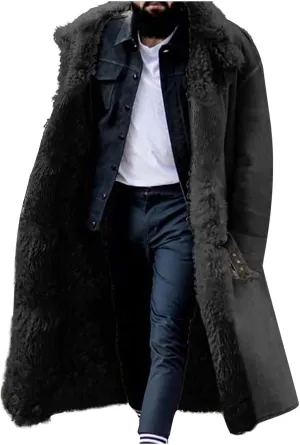 Mens Sherpa Lined Fleece Long Jackets Faux Suede Fur Collar Shearling Fall Winter Warm Trench Coat Sheepskin Coats
