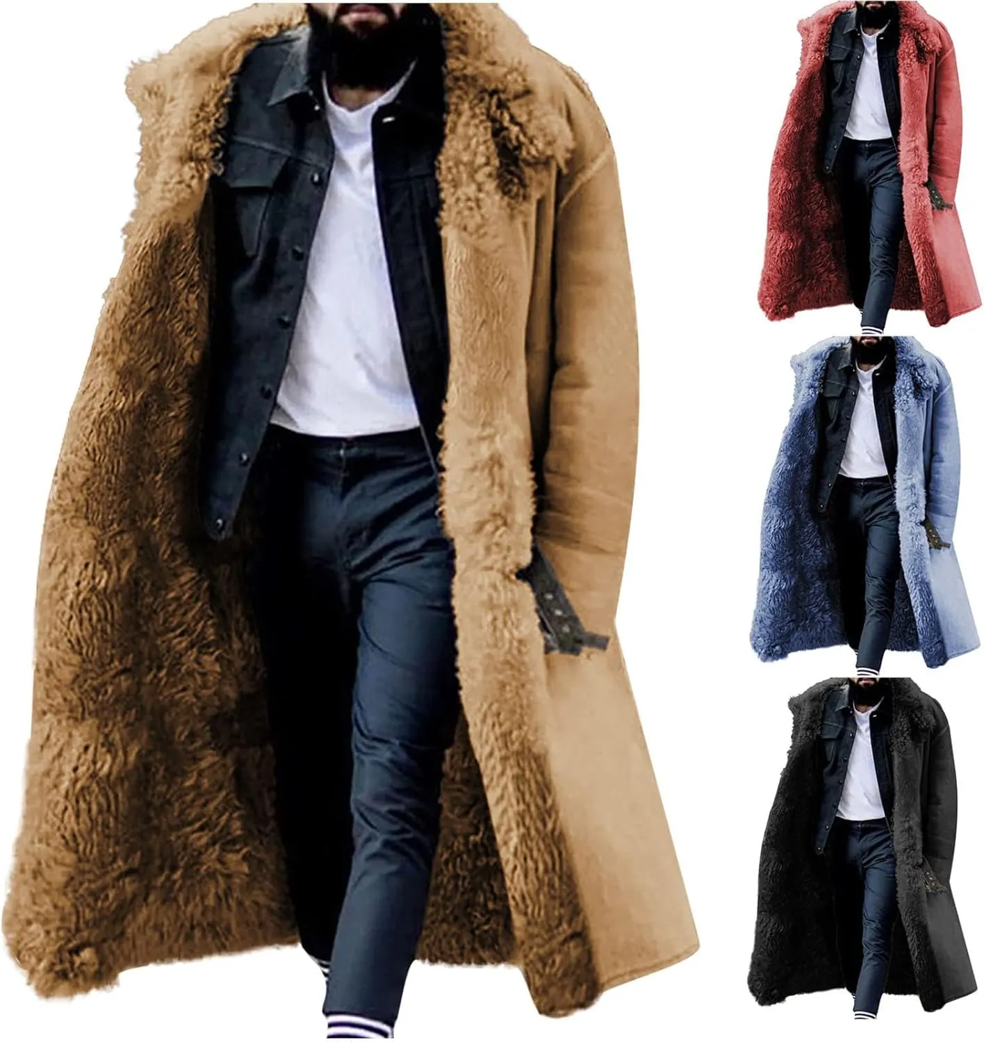 Mens Sherpa Lined Fleece Long Jackets Faux Suede Fur Collar Shearling Fall Winter Warm Trench Coat Sheepskin Coats