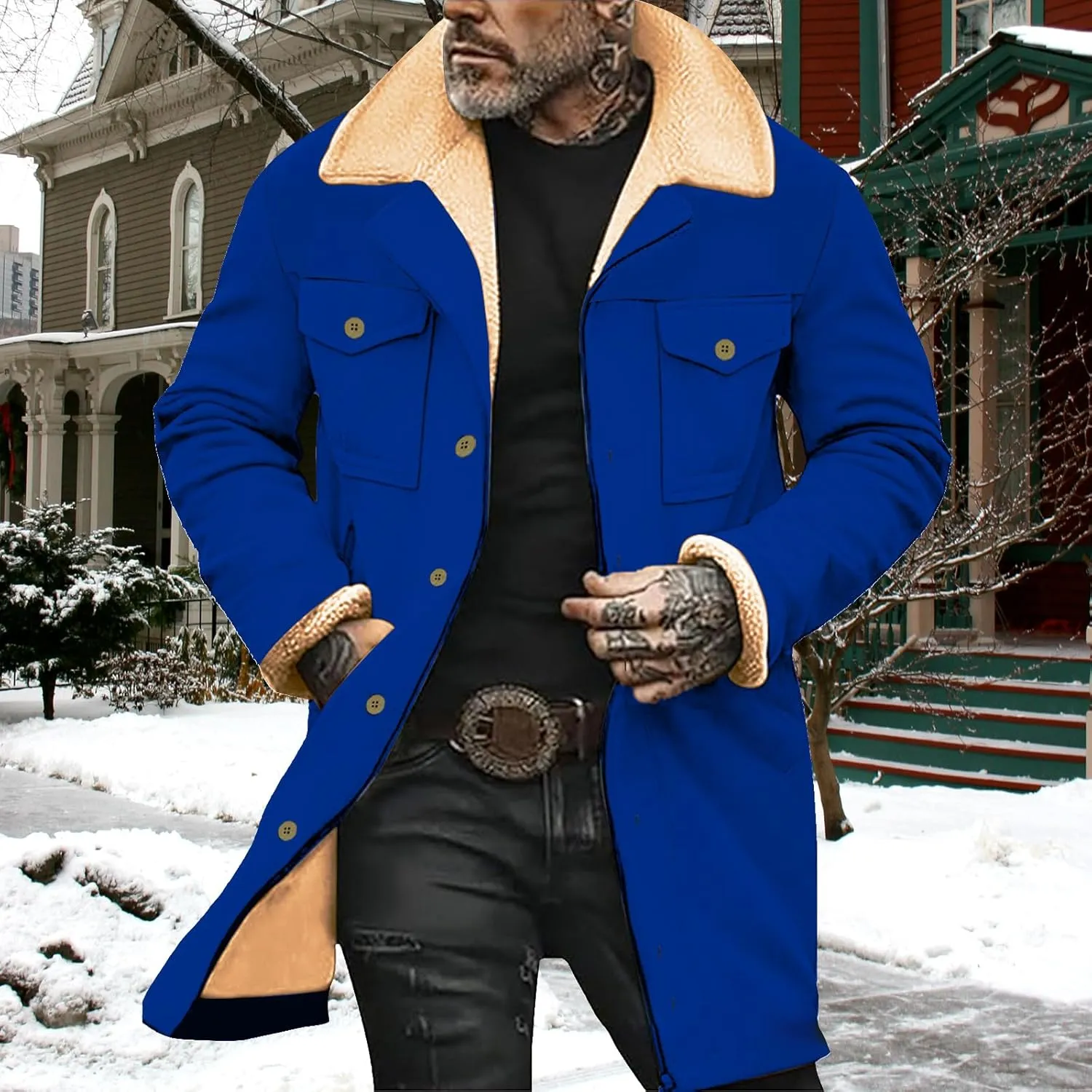 Mens Sherpa Lined Jackets Vintage Faux Suede Jacket Plush Reversed Collar Western Outdoor Coats with Multi Pockets