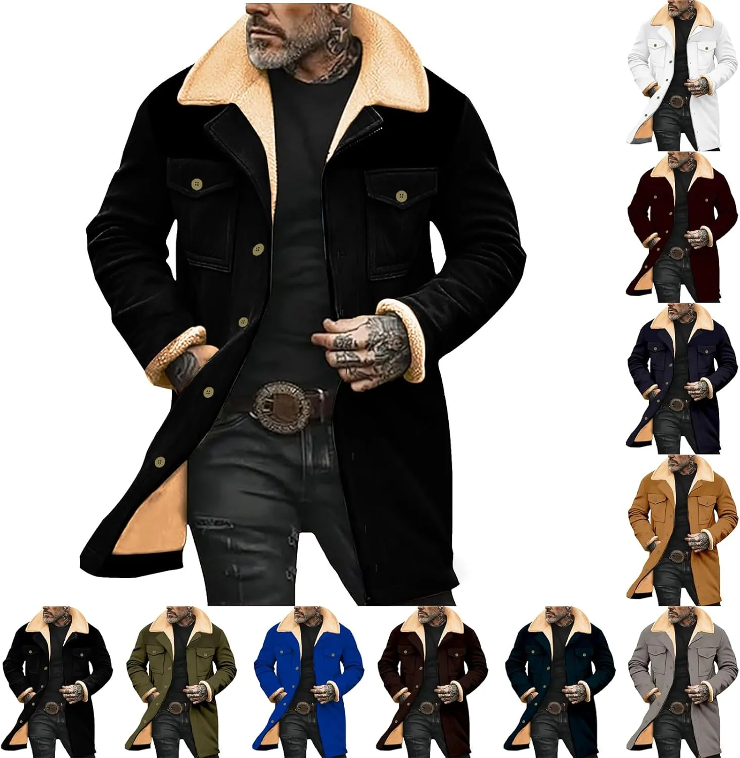 Mens Sherpa Lined Jackets Vintage Faux Suede Jacket Plush Reversed Collar Western Outdoor Coats with Multi Pockets