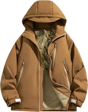 Mens Ski Jacket Lightweight Fashion Insulated Hooded Jackets Oversized Windproof Hooded Rain Full Zip Down Jacket