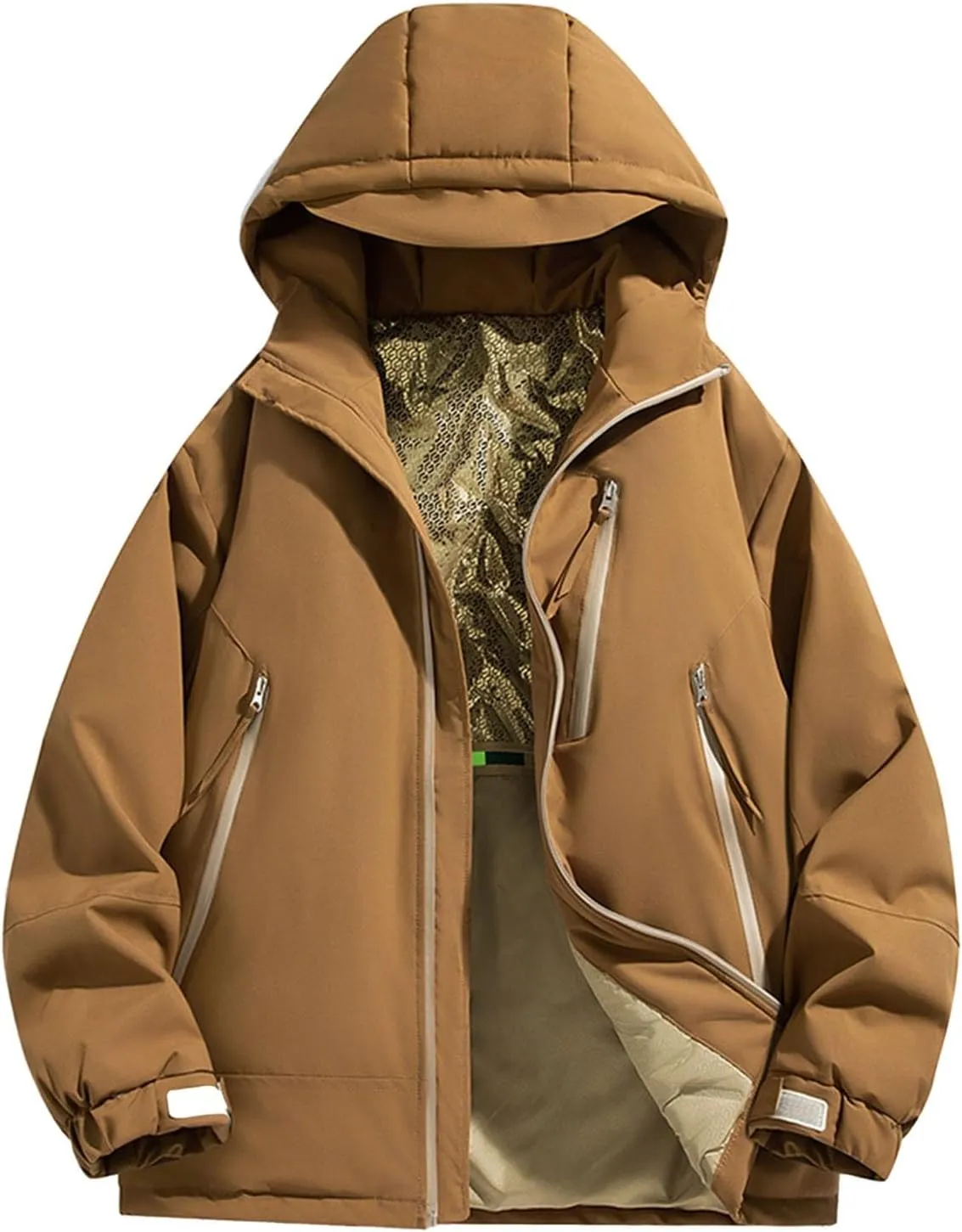 Mens Ski Jacket Lightweight Fashion Insulated Hooded Jackets Oversized Windproof Hooded Rain Full Zip Down Jacket