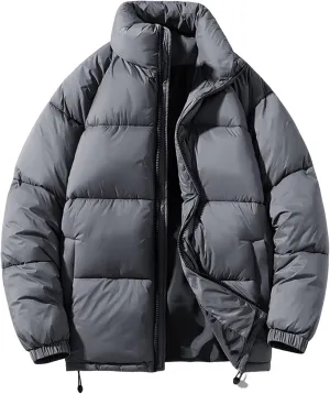 Men's Solid Casual Puffer Jackets Long Sleeve Stand Collar Zipper Thicken Down Parkas Coats Windbreaker Outwear