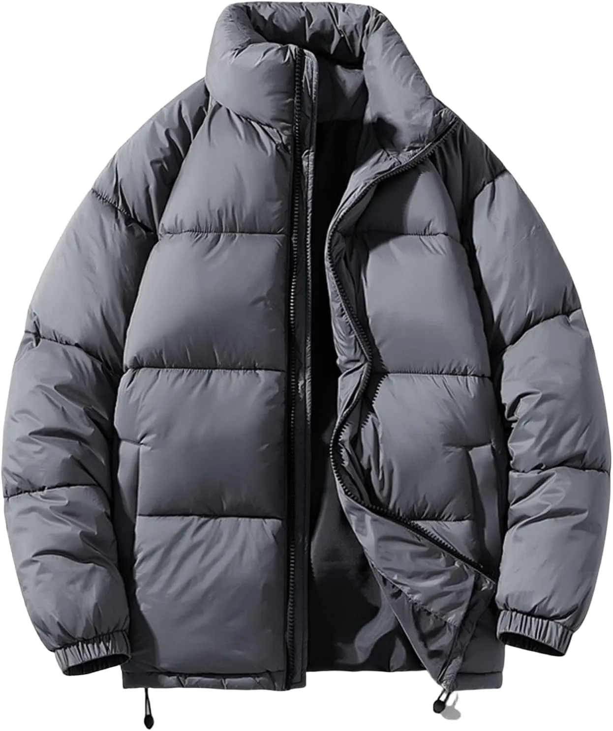 Men's Solid Casual Puffer Jackets Long Sleeve Stand Collar Zipper Thicken Down Parkas Coats Windbreaker Outwear