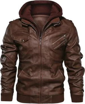 Men's Stand Collar Faux Leather Bomber Jacket Removable Hood Motorcycle Casual Coat