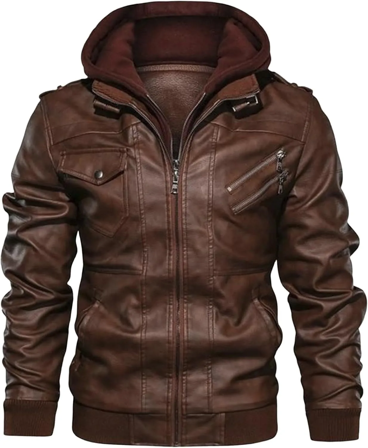 Men's Stand Collar Faux Leather Bomber Jacket Removable Hood Motorcycle Casual Coat