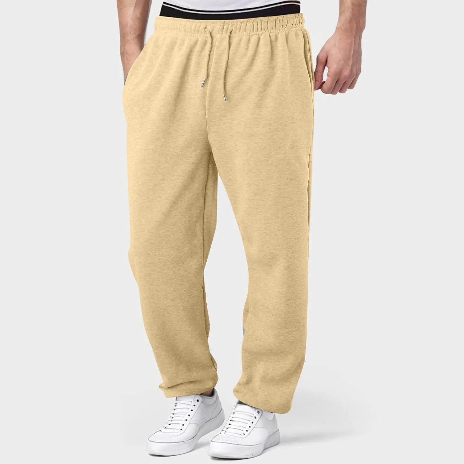 Mens Sweatpants with Pockets Lightweight Lace Up Workout Pants Fleece Lined Joggers Pants Casual Cotton Yoga Pants