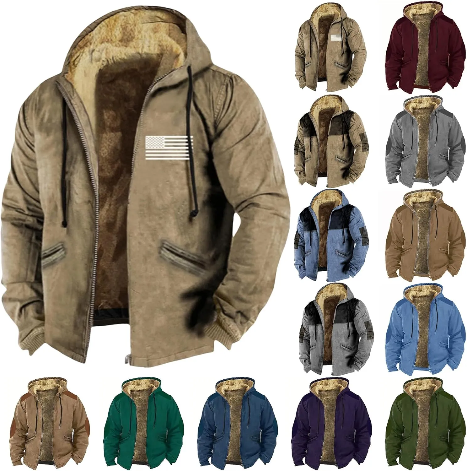 Mens Winter Sherpa Jacket Heavyweight Winter Warm Hooded Coats Fleece Lined Full Zip Hoodies Print Big & Tall Coat