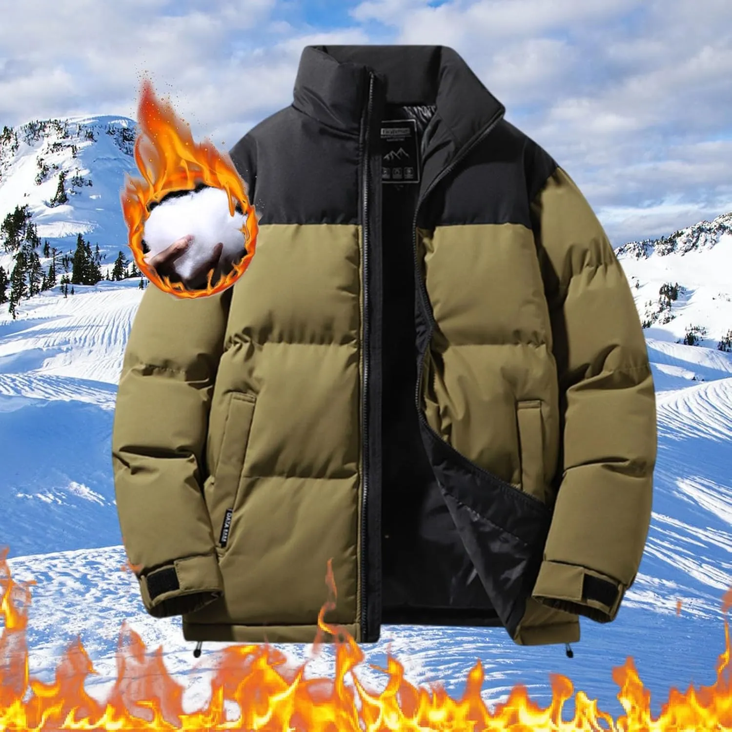 Mens Winter Zip up Puffer Jacket Stand Collar Thicken Color Block down Jacket Insulated Puffy Warm Windproof Outdoor Coat