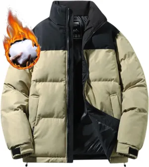 Mens Winter Zip up Puffer Jacket Stand Collar Thicken Color Block down Jacket Insulated Puffy Warm Windproof Outdoor Coat