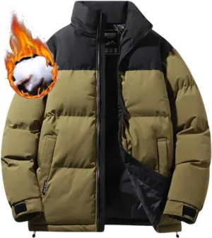 Mens Winter Zip up Puffer Jacket Stand Collar Thicken Color Block down Jacket Insulated Puffy Warm Windproof Outdoor Coat