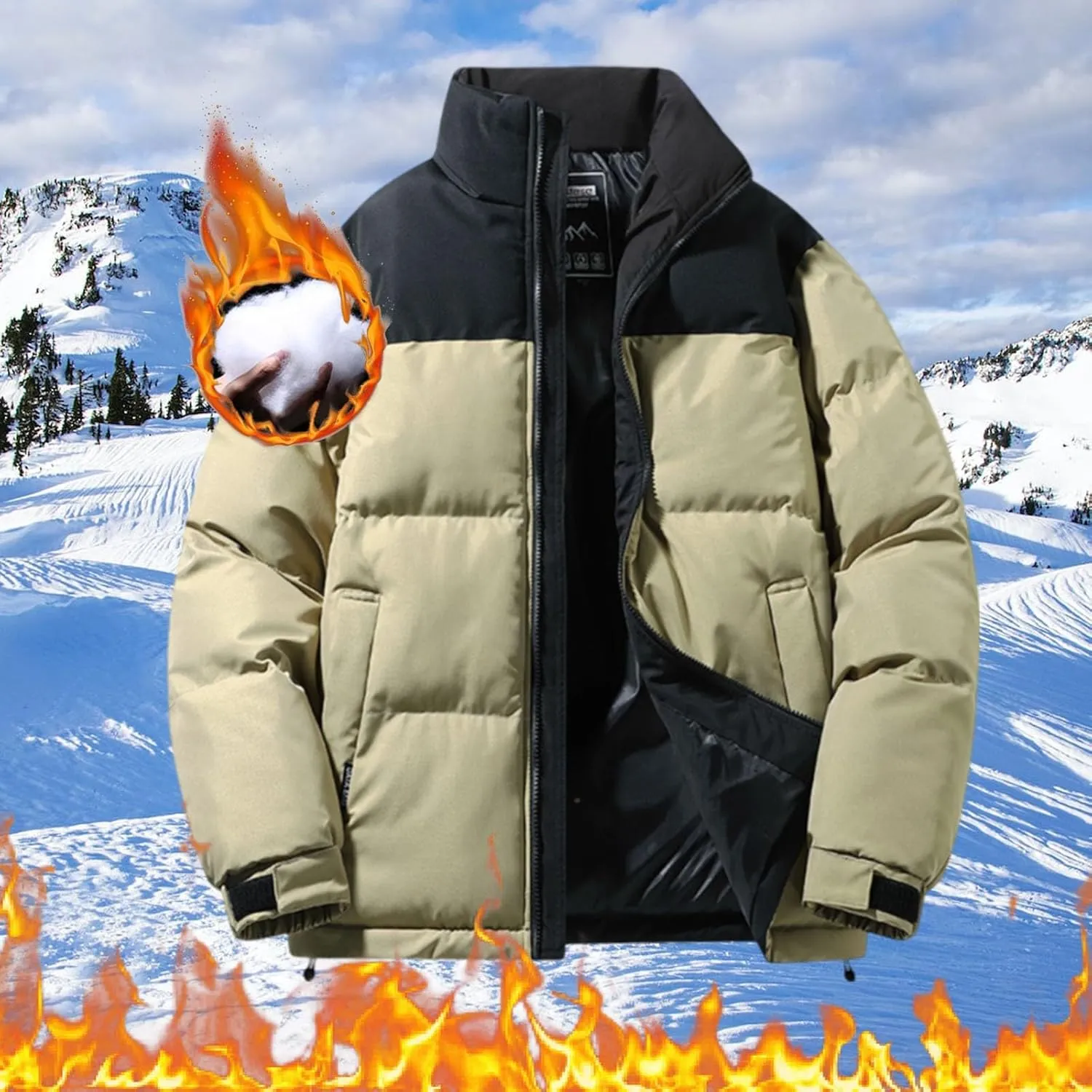 Mens Winter Zip up Puffer Jacket Stand Collar Thicken Color Block down Jacket Insulated Puffy Warm Windproof Outdoor Coat