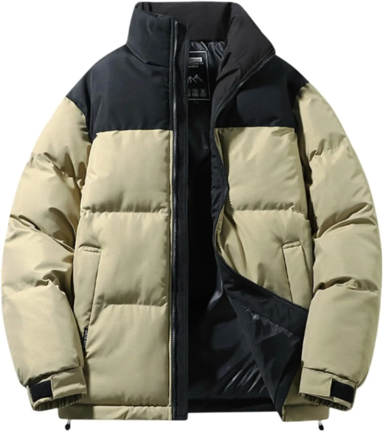Mens Winter Zip up Puffer Jacket Stand Collar Thicken Color Block down Jacket Insulated Puffy Warm Windproof Outdoor Coat