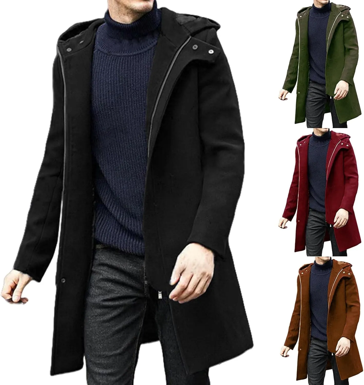Men's Woolen Blend Winter Long Trench Coat Casual Double Breasted Hooded Jackets Classic Business Warm Overcoat