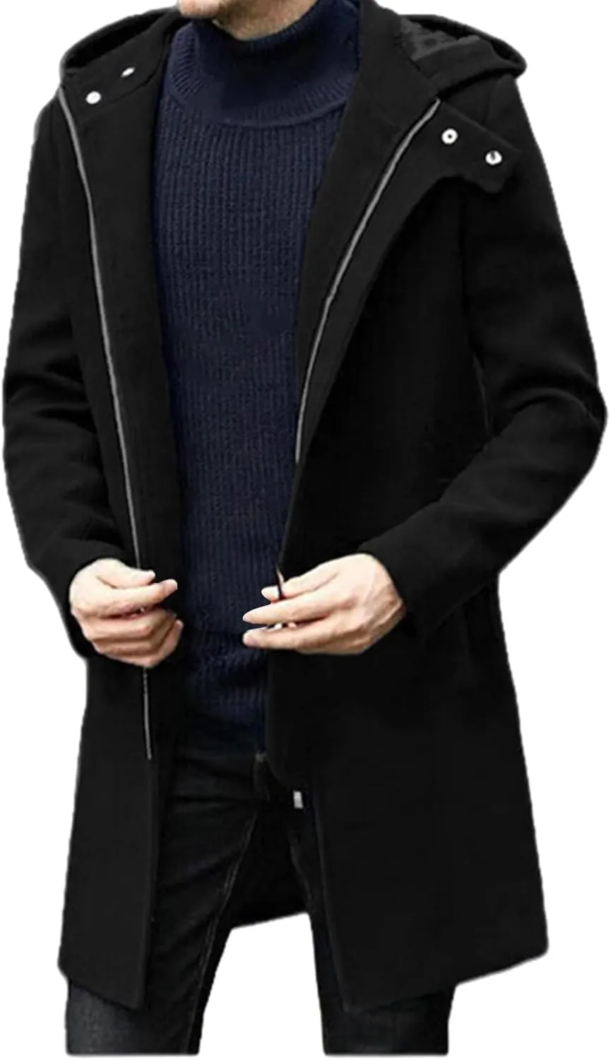 Men's Woolen Blend Winter Long Trench Coat Casual Double Breasted Hooded Jackets Classic Business Warm Overcoat