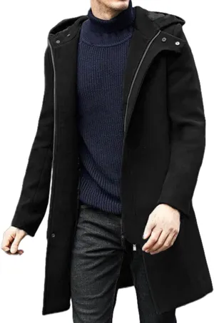 Men's Woolen Blend Winter Long Trench Coat Casual Double Breasted Hooded Jackets Classic Business Warm Overcoat