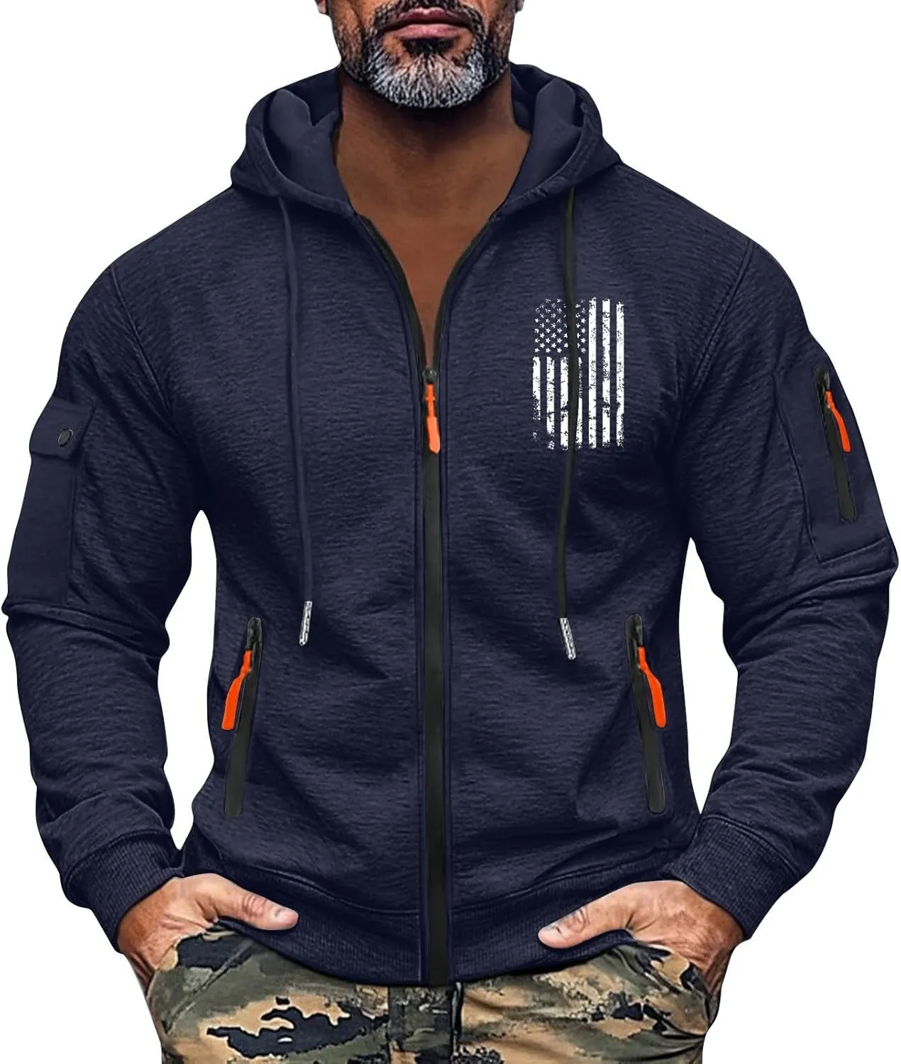 Men's Zip Up USA Flag Print Hoodie Graphic Long Sleeve Drawstring Shirt Fit Patriotic Sweatshirt with Pockets