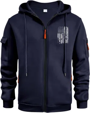 Men's Zip Up USA Flag Print Hoodie Graphic Long Sleeve Drawstring Shirt Fit Patriotic Sweatshirt with Pockets