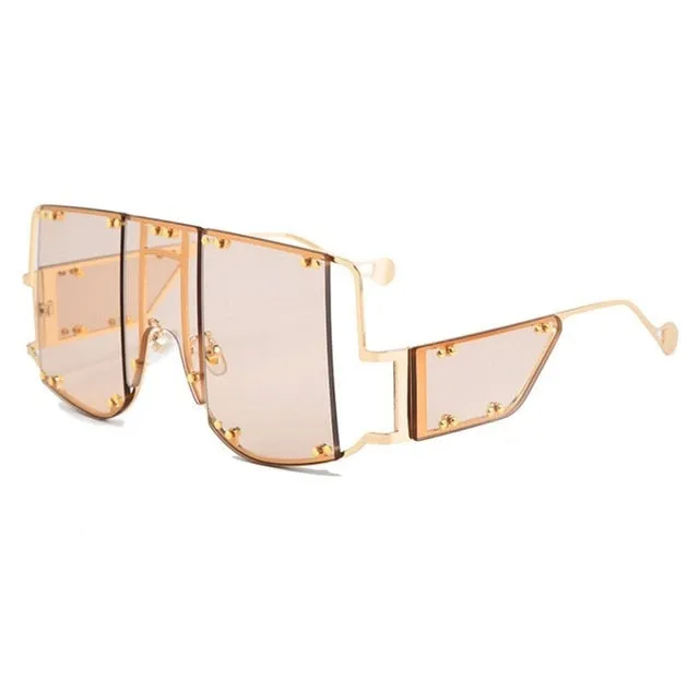 Metal Rivet Eyewear Oversized Mirror Square Sunglasses Men Women Shades Glasses Trend Unique Female UV400