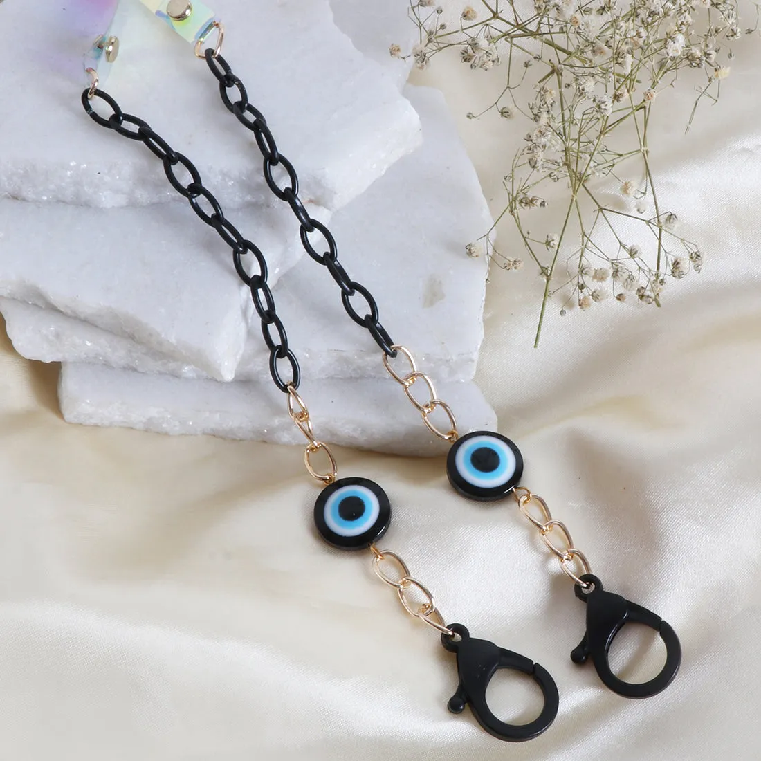 METALLIC GOLD-TONED CHAIN-LINK & NAVY BLUE EVIL EYE MASK CHAIN OR SUNGLASS CHAIN