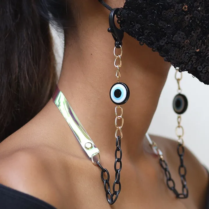 METALLIC GOLD-TONED CHAIN-LINK & NAVY BLUE EVIL EYE MASK CHAIN OR SUNGLASS CHAIN