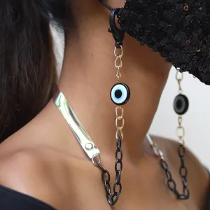 METALLIC GOLD-TONED CHAIN-LINK & NAVY BLUE EVIL EYE MASK CHAIN OR SUNGLASS CHAIN