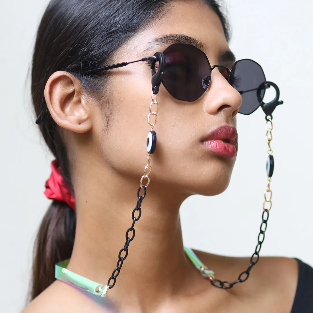 METALLIC GOLD-TONED CHAIN-LINK & NAVY BLUE EVIL EYE MASK CHAIN OR SUNGLASS CHAIN