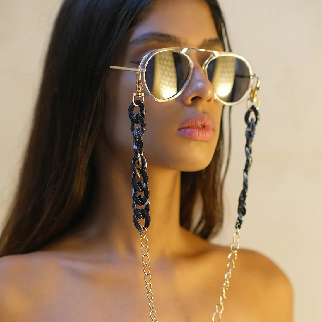 METALLIC GOLD-TONED CHAIN-LINK MARBLE BLACK ACRYLIC MASK CHAIN OR SUNGLASS CHAIN