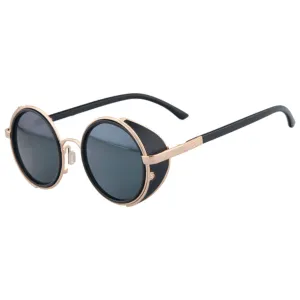 Motorcycle Vintage Round Sunglasses w/ UV 400 Protection, Golden/Black