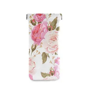 MOYYO Beautiful Floral Pink Roses Eyeglass Pouch Squeeze Top Portable Sunglasses Bag Pouch PU Leather Eyeglass Goggles Case Cosmetic Holders Mulituse for Women Girl
