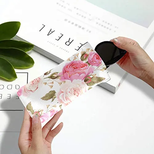 MOYYO Beautiful Floral Pink Roses Eyeglass Pouch Squeeze Top Portable Sunglasses Bag Pouch PU Leather Eyeglass Goggles Case Cosmetic Holders Mulituse for Women Girl