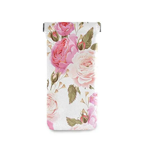 MOYYO Beautiful Floral Pink Roses Eyeglass Pouch Squeeze Top Portable Sunglasses Bag Pouch PU Leather Eyeglass Goggles Case Cosmetic Holders Mulituse for Women Girl