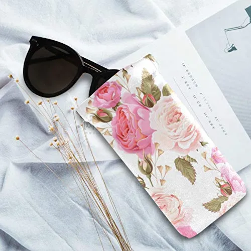 MOYYO Beautiful Floral Pink Roses Eyeglass Pouch Squeeze Top Portable Sunglasses Bag Pouch PU Leather Eyeglass Goggles Case Cosmetic Holders Mulituse for Women Girl