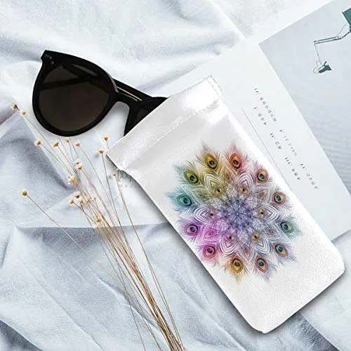 MOYYO Beautiful Peacock Feathers Mandala Eyeglass Pouch Squeeze Top Portable Sunglasses Bag Pouch PU Leather Eyeglass Goggles Case Cosmetic Holders Mulituse for Women Girl